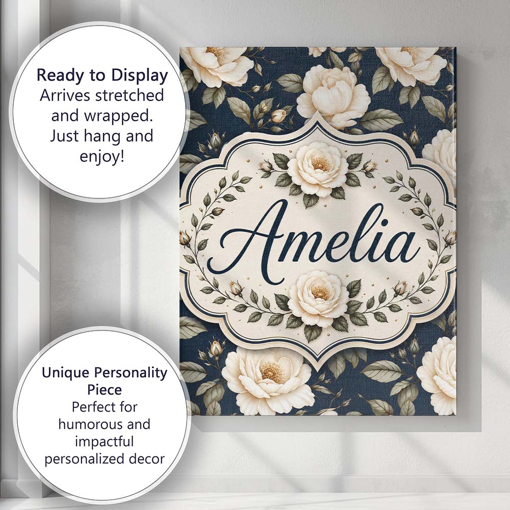 Personalised Name Elegant Beige Roses on Custom  Interior Decorative Contemporary Canvas Wall Art Print Decor Picture Ready to Hang