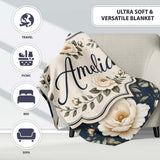 Elegant Beige Roses on Black Floral Seamless Pattern Lovely  Personalised Custom Name Super Soft Fleece Blanket Bed Sofa Throw