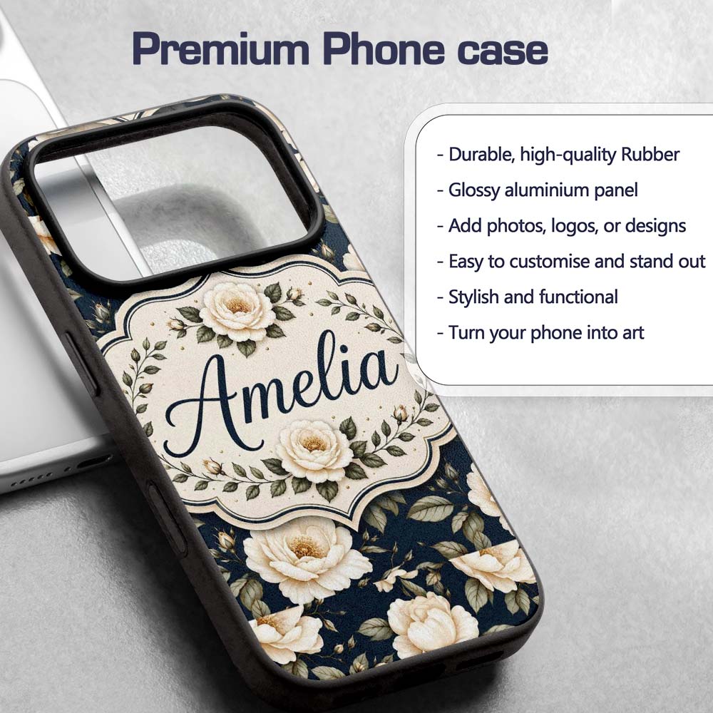 Elegant Beige Roses on Black Floral Seamless Custom Name Protective Phone Case Mobile Cover Durable Everyday Smartphone Shock Resistant