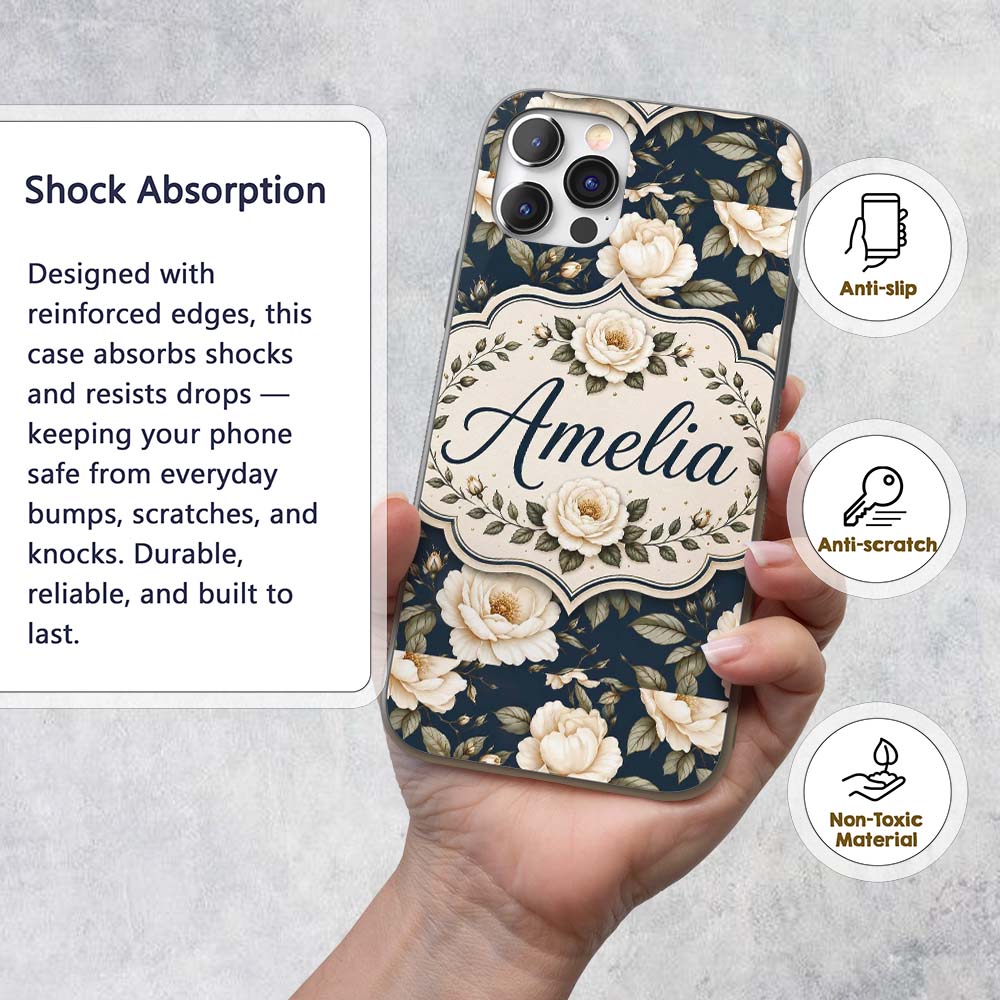 Elegant Beige Roses on Black Floral Seamless Custom Name Protective Phone Case Mobile Cover Durable Everyday Smartphone Shock Resistant