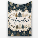 Elegant Pine Tree Forest Dark Blue Winter Seamless Pattern Lovely  Personalised Custom Name Super Soft Fleece Blanket Bed Sofa Throw