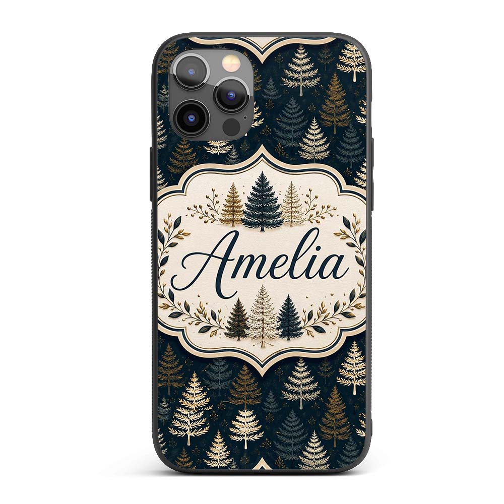 Elegant Pine Tree Forest Dark Blue Printed Design Custom Name Protective Phone Case Mobile Cover Durable Everyday Smartphone Shock Resistant