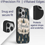 Elegant Pine Tree Forest Dark Blue Printed Design Custom Name Protective Phone Case Mobile Cover Durable Everyday Smartphone Shock Resistant