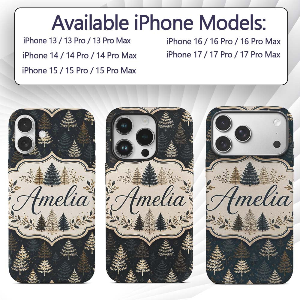 Elegant Pine Tree Forest Dark Blue Printed Design Custom Name Protective Phone Case Mobile Cover Durable Everyday Smartphone Shock Resistant