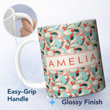 Personalized Custom Name Abstract Mid Century Modern Organic Shapes Teal Coral Seamless 11oz Ceramic Coffee Tea Mug White Large Handle