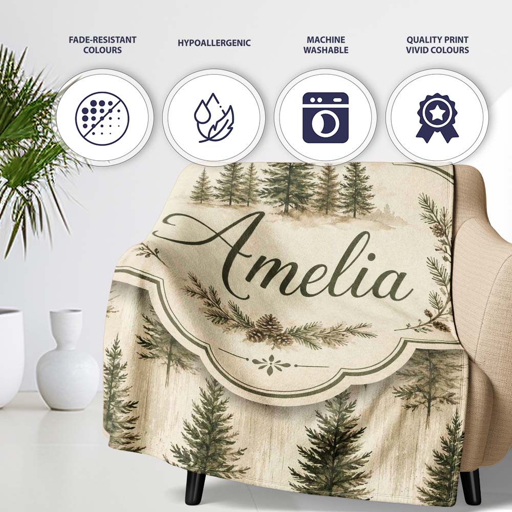 Rustic Evergreen Trees Vintage Wood Texture Seamless Pattern Lovely  Personalised Custom Name Super Soft Fleece Blanket Bed Sofa Throw