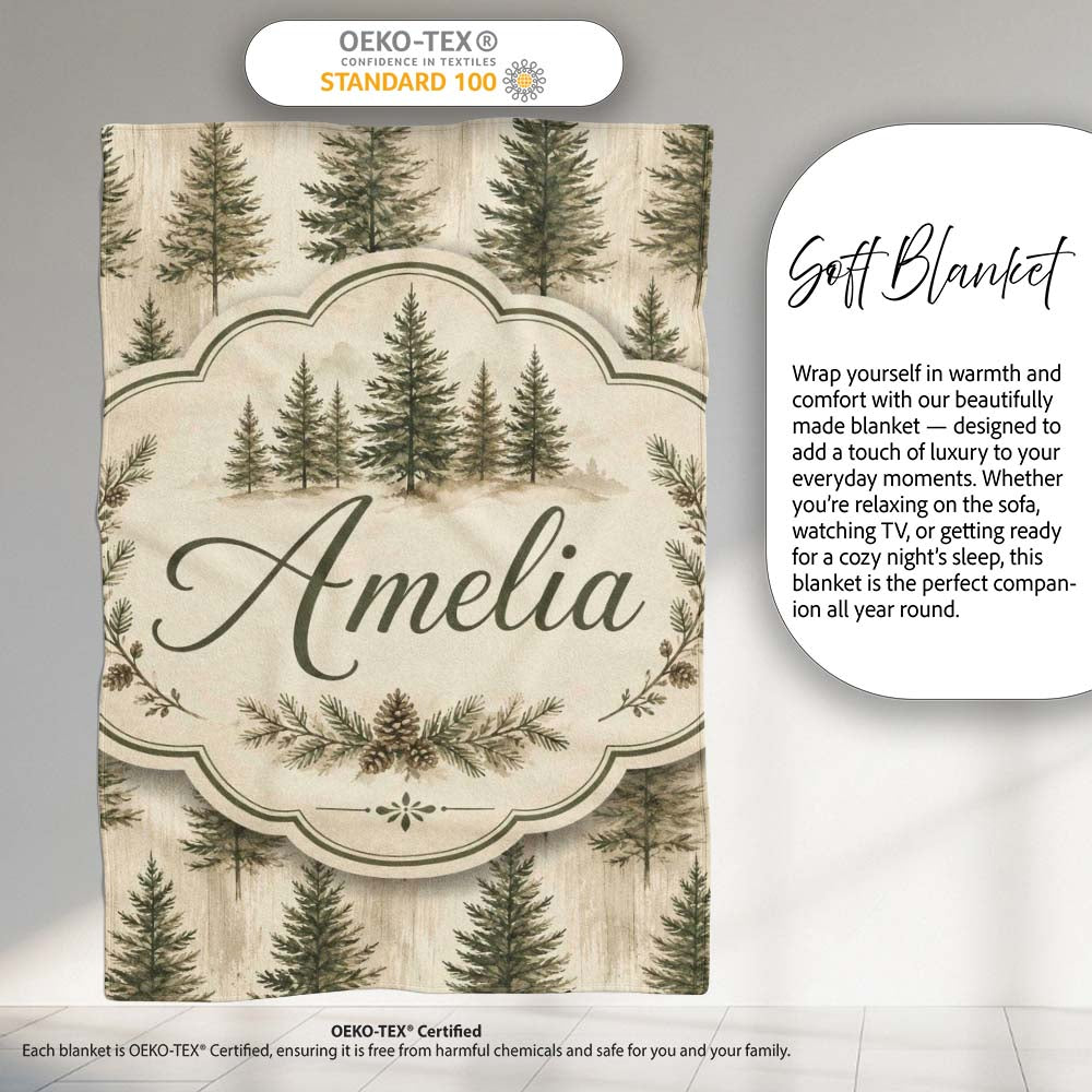 Rustic Evergreen Trees Vintage Wood Texture Seamless Pattern Lovely  Personalised Custom Name Super Soft Fleece Blanket Bed Sofa Throw