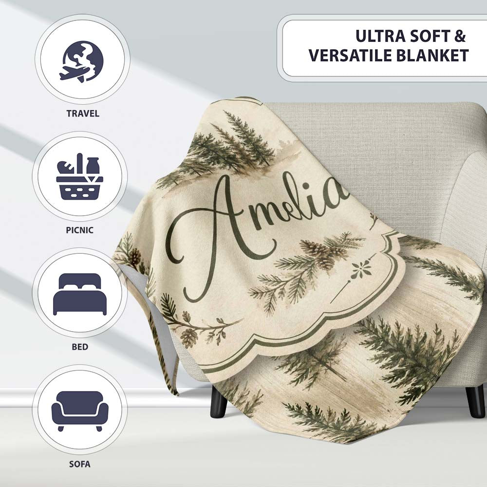 Rustic Evergreen Trees Vintage Wood Texture Seamless Pattern Lovely  Personalised Custom Name Super Soft Fleece Blanket Bed Sofa Throw