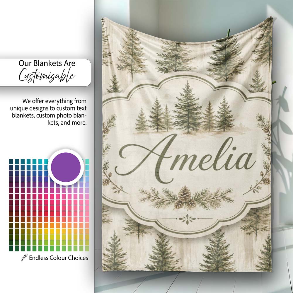 Rustic Evergreen Trees Vintage Wood Texture Seamless Pattern Lovely  Personalised Custom Name Super Soft Fleece Blanket Bed Sofa Throw