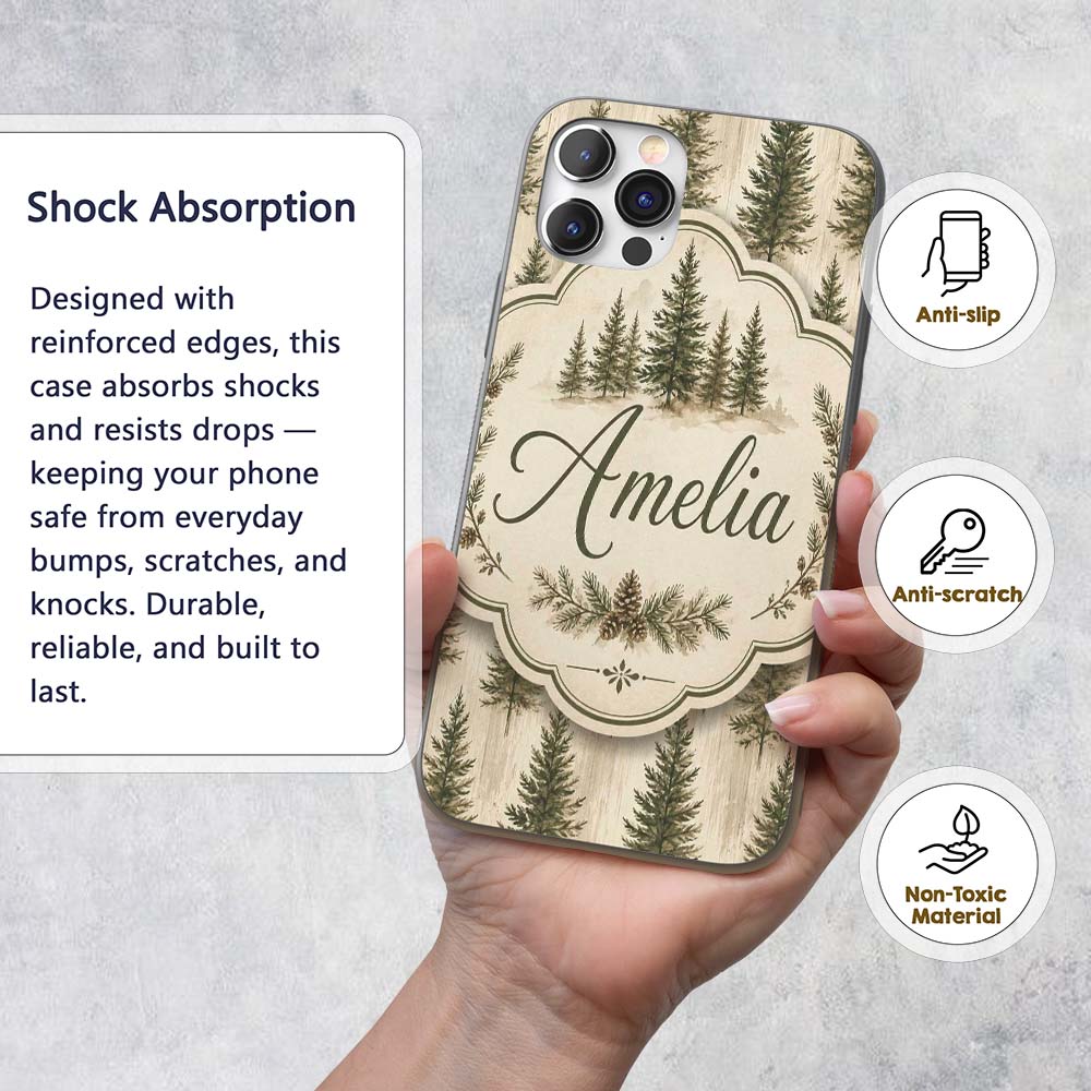 Rustic Evergreen Trees Vintage Printed Design Custom Name Protective Phone Case Mobile Cover Durable Everyday Smartphone Shock Resistant