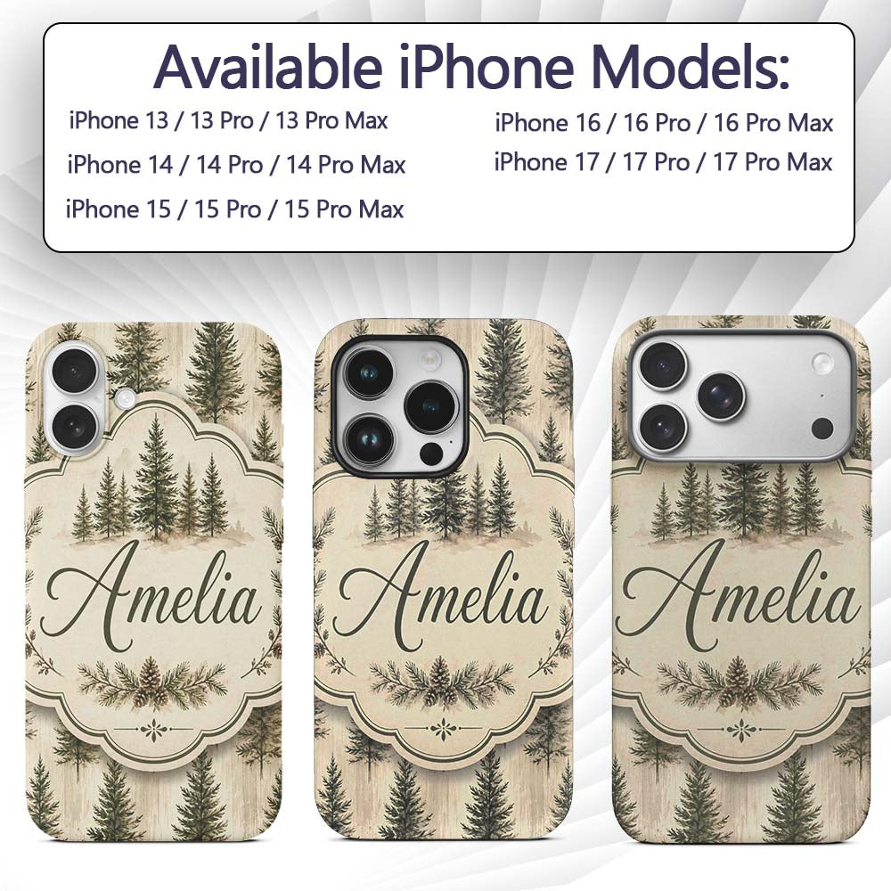 Rustic Evergreen Trees Vintage Printed Design Custom Name Protective Phone Case Mobile Cover Durable Everyday Smartphone Shock Resistant