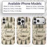 Rustic Evergreen Trees Vintage Printed Design Custom Name Protective Phone Case Mobile Cover Durable Everyday Smartphone Shock Resistant