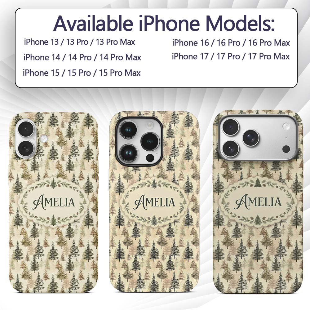 Autumn Pine Forest Soft Neutral Printed Design Custom Name Protective Phone Case Mobile Cover Durable Everyday Smartphone Shock Resistant