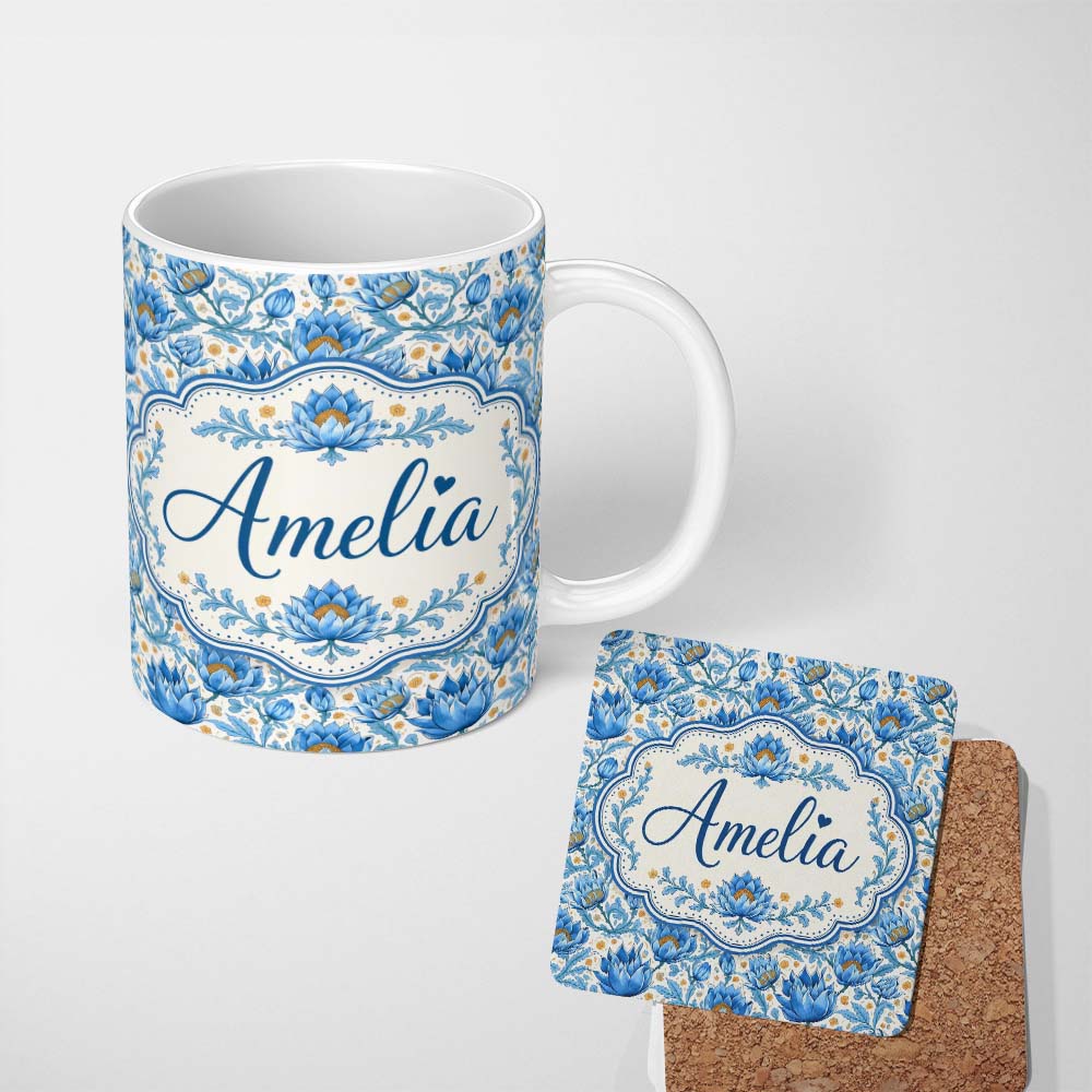 Personalized Custom Name Detailed Blue Floral Pattern with Ornamental Botanical Motifs Lovely 11oz Ceramic Coffee Tea Mug White Large Handle