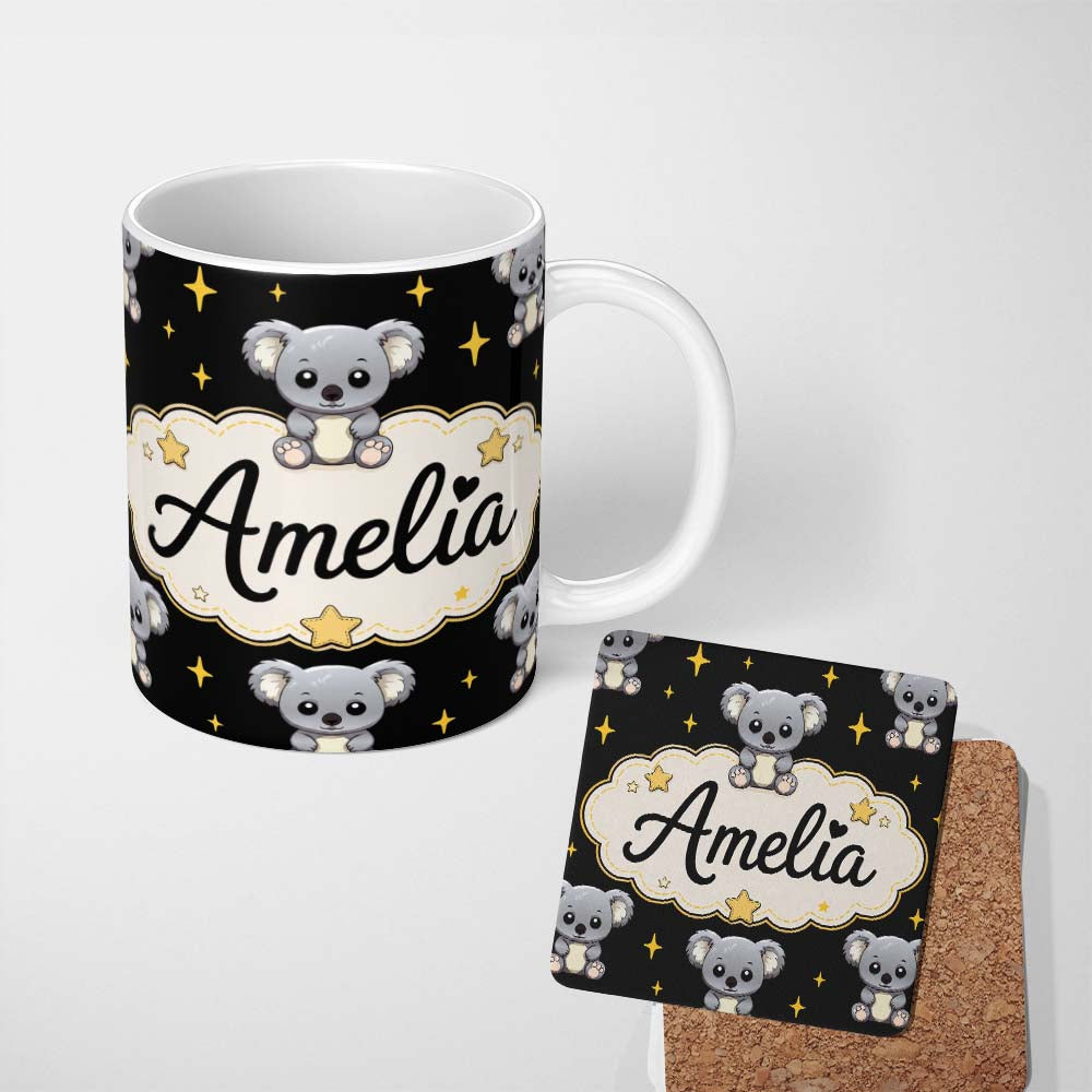 Personalized Custom Name Cute Koala Bears with Stars Black Background Seamless Pattern Lovely 11oz Ceramic Coffee Tea Mug White Large Handle