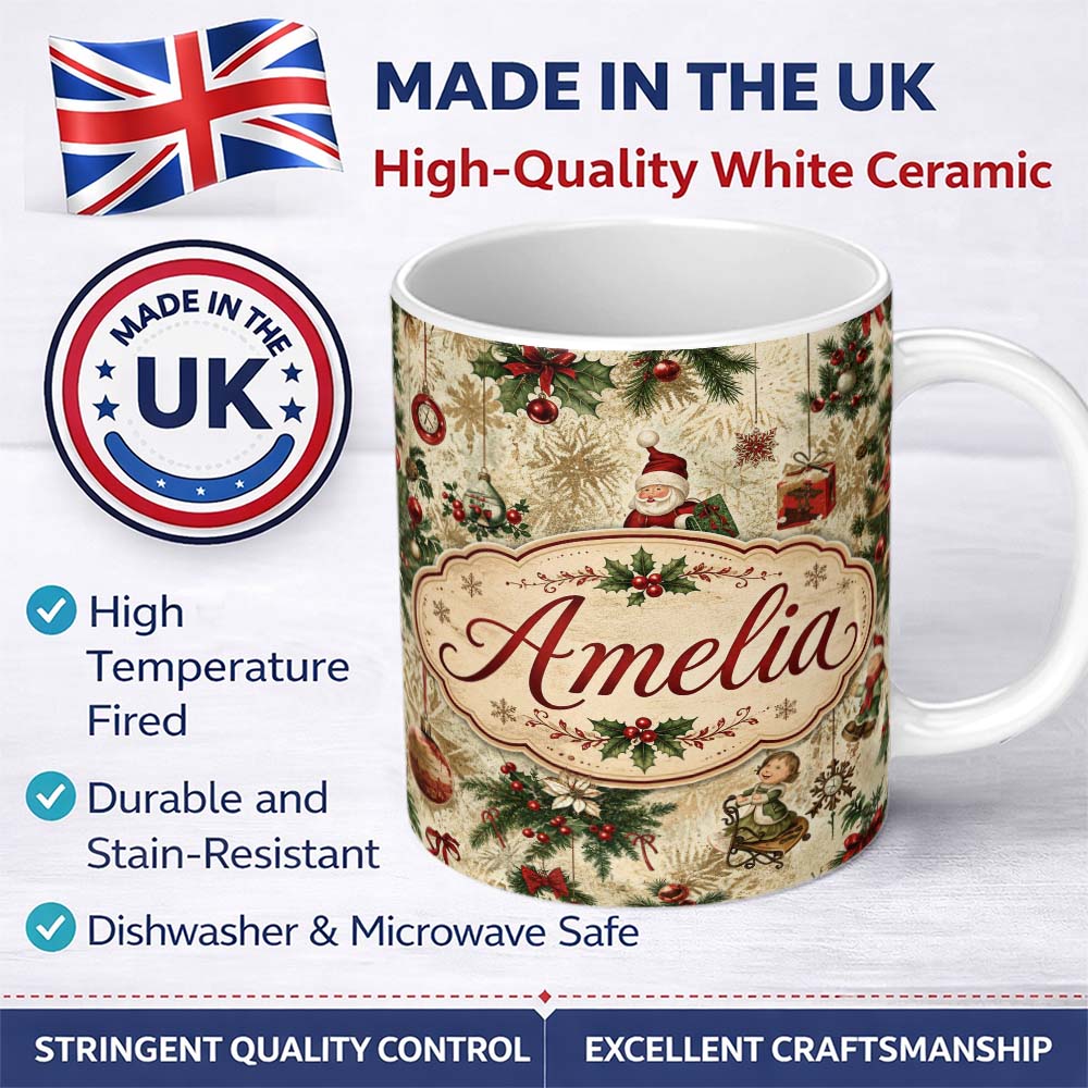 Personalized Custom Name Vintage Santa Gifts Holly Snowflakes Festive Christmas Holiday 11oz Ceramic Coffee Tea Mug White Large Handle