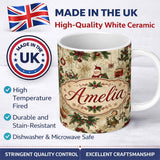 Personalized Custom Name Vintage Santa Gifts Holly Snowflakes Festive Christmas Holiday 11oz Ceramic Coffee Tea Mug White Large Handle