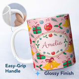 Personalized Custom Name Cute Christmas Bells Gift Box Holly Berry Seamless Pattern Lovely 11oz Ceramic Coffee Tea Mug White Large Handle