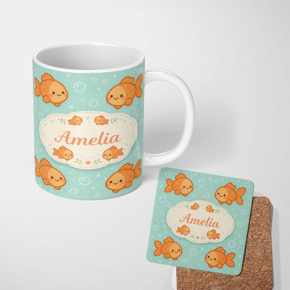 Personalized Custom Name Cute Goldfish Cartoon Animal Ocean Pattern Beautiful Coffee Cup 11oz Ceramic Coffee Tea Mug White Large Handle