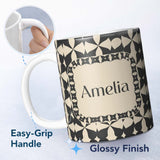 Personalized Custom Name Symmetrical Petal Tile Black Cream Geometric Floral Pattern Lovely 11oz Ceramic Coffee Tea Mug White Large Handle