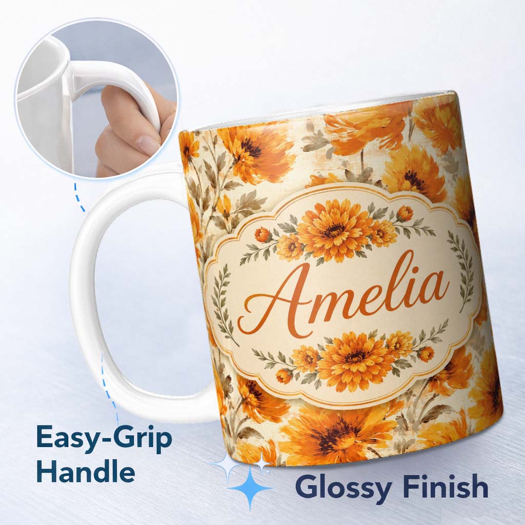 Personalized Custom Name Watercolor Orange Floral Seamless Pattern on Light Background Lovely 11oz Ceramic Coffee Tea Mug White Large Handle
