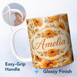 Personalized Custom Name Watercolor Orange Floral Seamless Pattern on Light Background Lovely 11oz Ceramic Coffee Tea Mug White Large Handle