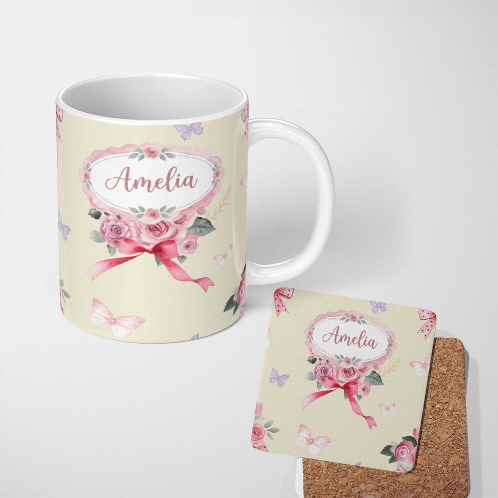Personalized Custom Name Cute Watercolor Roses Bouquet with Red Ribbon Soft Olive Background 11oz Ceramic Coffee Tea Mug White Large Handle