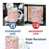 Personalized Custom Name Watercolor Cherry Strawberry Bow Macaron Dessert Frame Blush Pink 11oz Ceramic Coffee Tea Mug White Large Handle