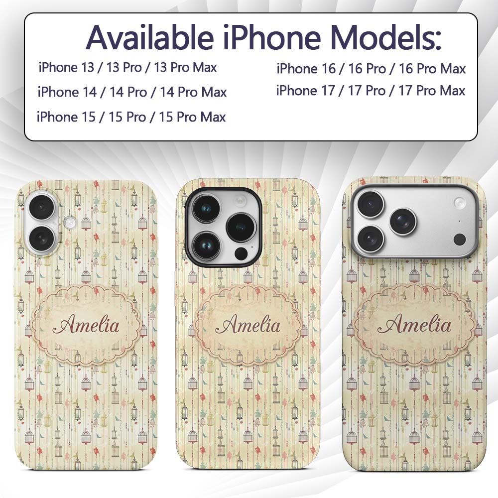 Elegant Birdcage Floral Hanging Stripes Seamless Custom Name Protective Phone Case Mobile Cover Durable Everyday Smartphone Shock Resistant