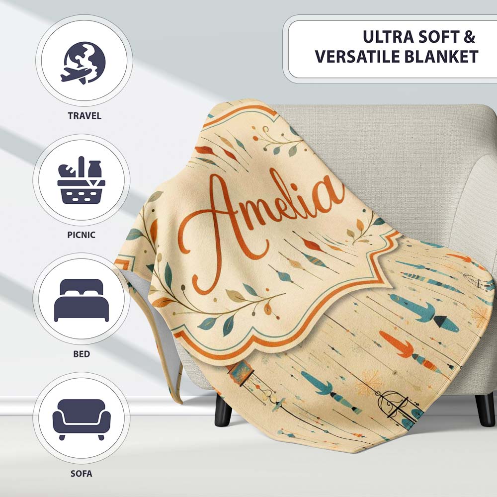 Vintage Hanging Birdcages and Floral Elements Seamless Pattern  Personalised Custom Name Super Soft Fleece Blanket Bed Sofa Throw