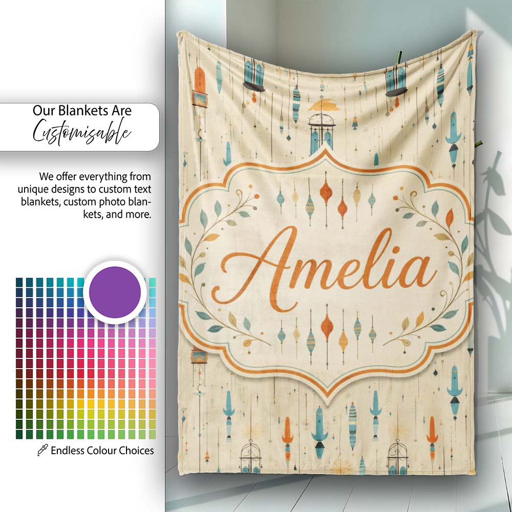 Vintage Hanging Birdcages and Floral Elements Seamless Pattern  Personalised Custom Name Super Soft Fleece Blanket Bed Sofa Throw