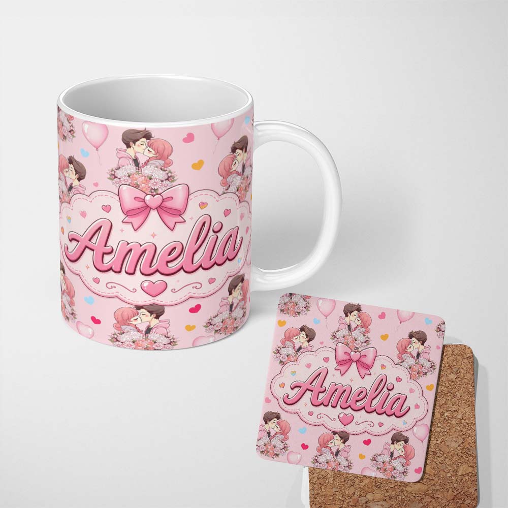 Personalized Custom Name Romantic Couple Kissing Floral Bouquet Hearts Pattern Pink Hearts 11oz Ceramic Coffee Tea Mug White Large Handle