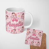 Personalized Custom Name Romantic Couple Kissing Floral Bouquet Hearts Pattern Pink Hearts 11oz Ceramic Coffee Tea Mug White Large Handle