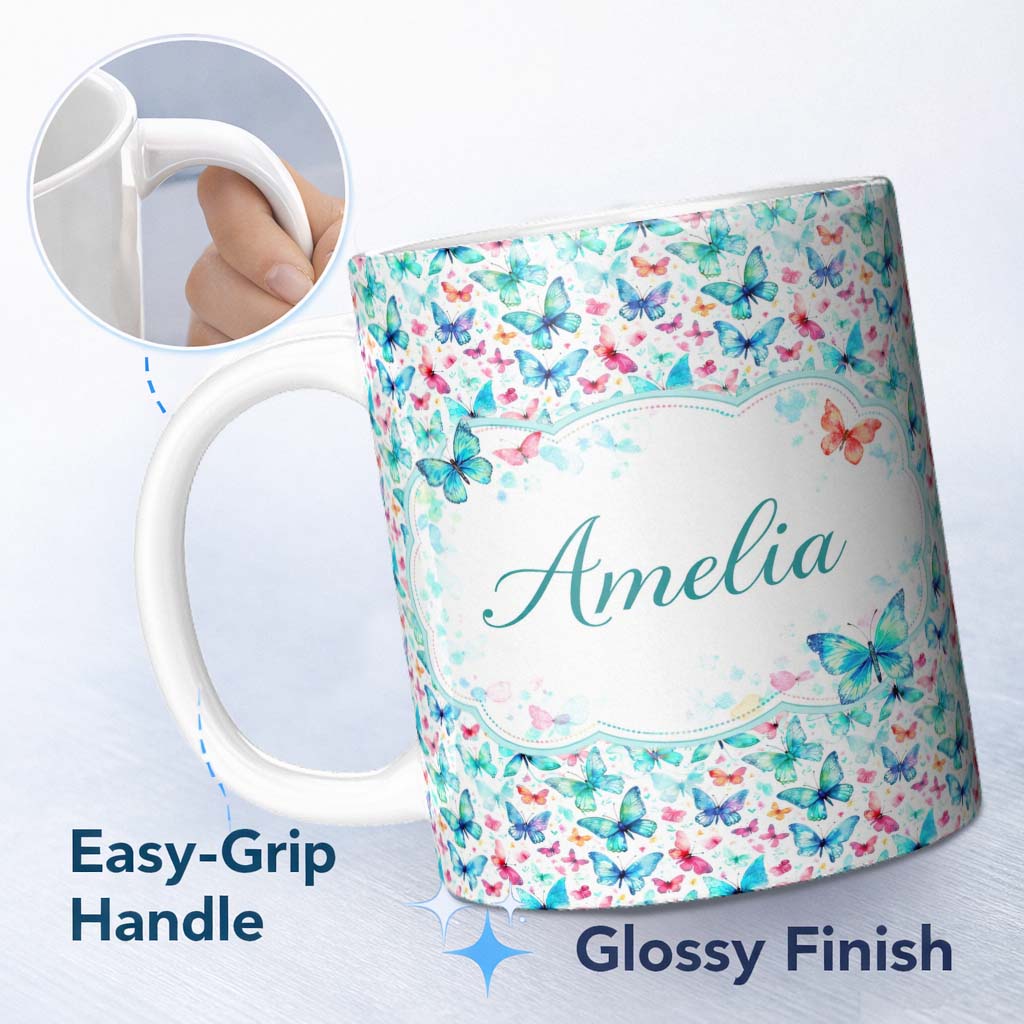 Personalized Custom Name Cute Blue and Pink Butterflies with Heart Accents Seamless Pattern 11oz Ceramic Coffee Tea Mug White Large Handle