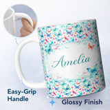 Personalized Custom Name Cute Blue and Pink Butterflies with Heart Accents Seamless Pattern 11oz Ceramic Coffee Tea Mug White Large Handle