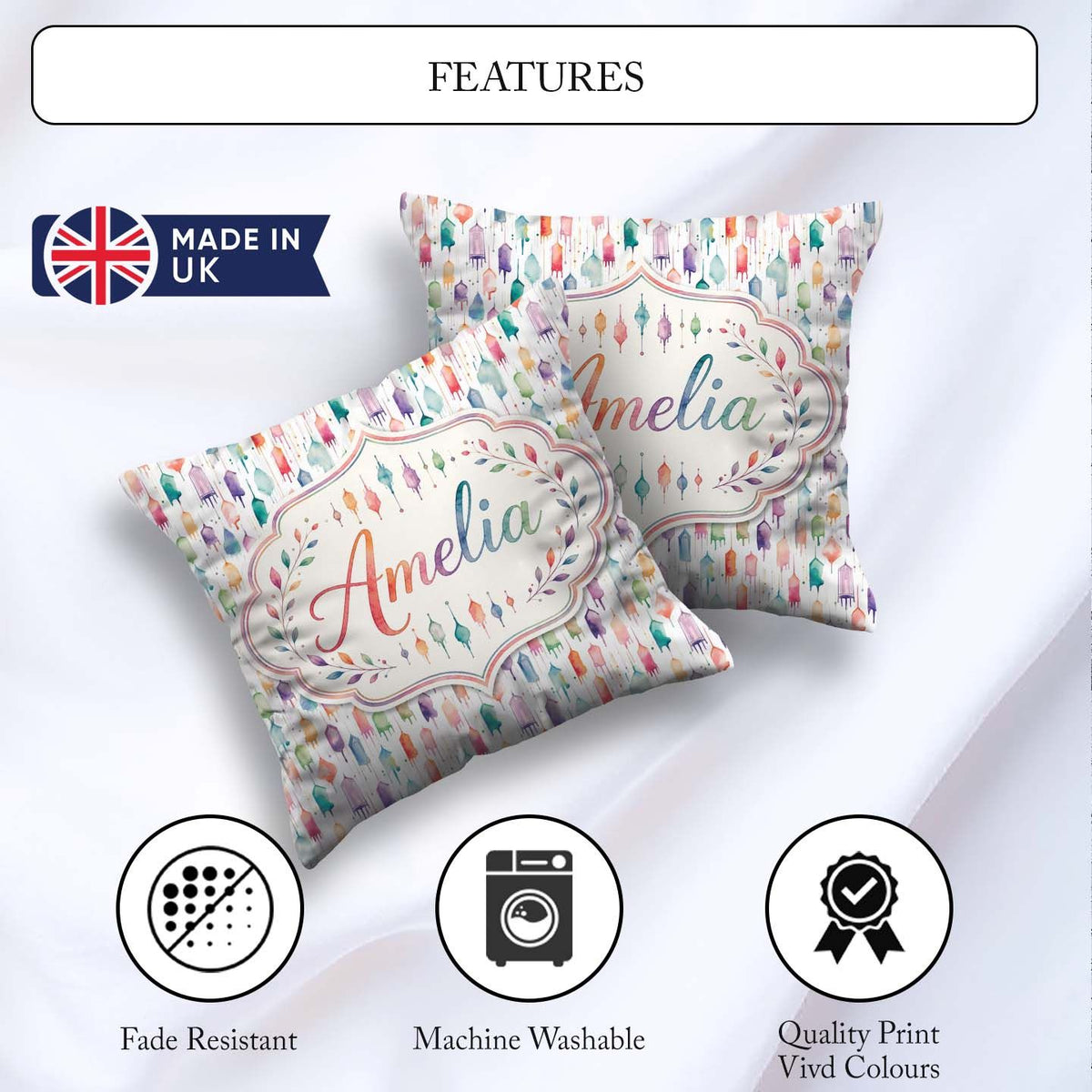 Custom Name Pastel Watercolor Hanging Lantern Seamless Pattern Square Filled Cushion Throw Pillow Sofa Bed Home Decor Zip Washable UK Made