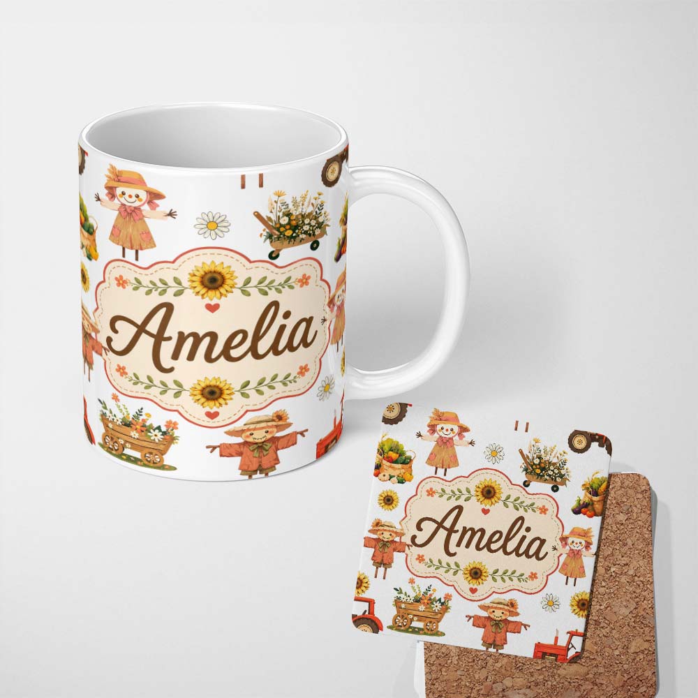 Personalized Custom Name Cute Autumn Scarecrow Barn Flowers Seamless Pattern Grey Background 11oz Ceramic Coffee Tea Mug White Large Handle