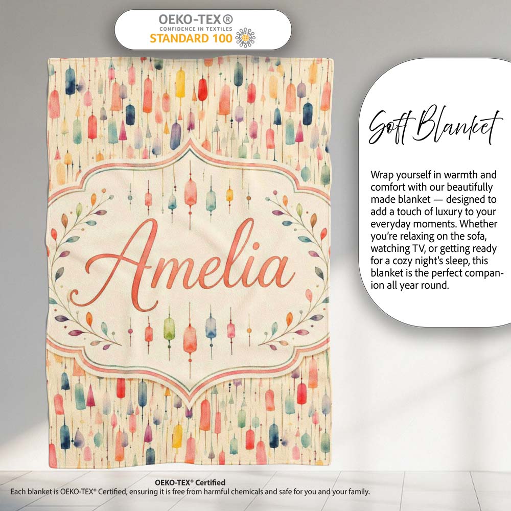 Colorful Watercolor Hanging Tassels Abstract Soft Background Lovely  Personalised Custom Name Super Soft Fleece Blanket Bed Sofa Throw