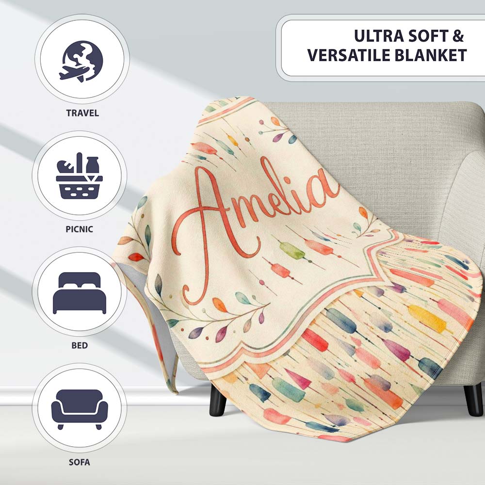 Colorful Watercolor Hanging Tassels Abstract Soft Background Lovely  Personalised Custom Name Super Soft Fleece Blanket Bed Sofa Throw