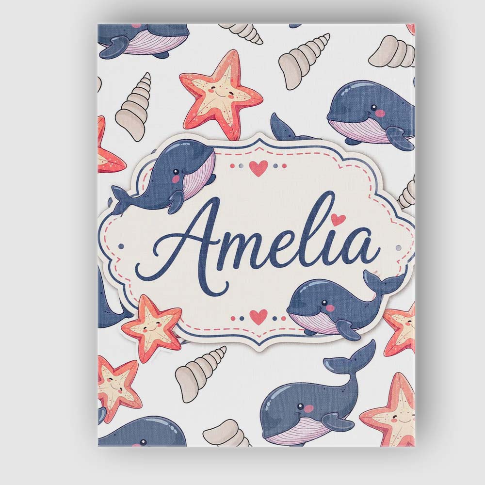 Personalised Name Cute Cartoon Whales Custom Modern Room Accent Creative Decorator Style Canvas Wall Art Print Decor Picture Ready to Hang