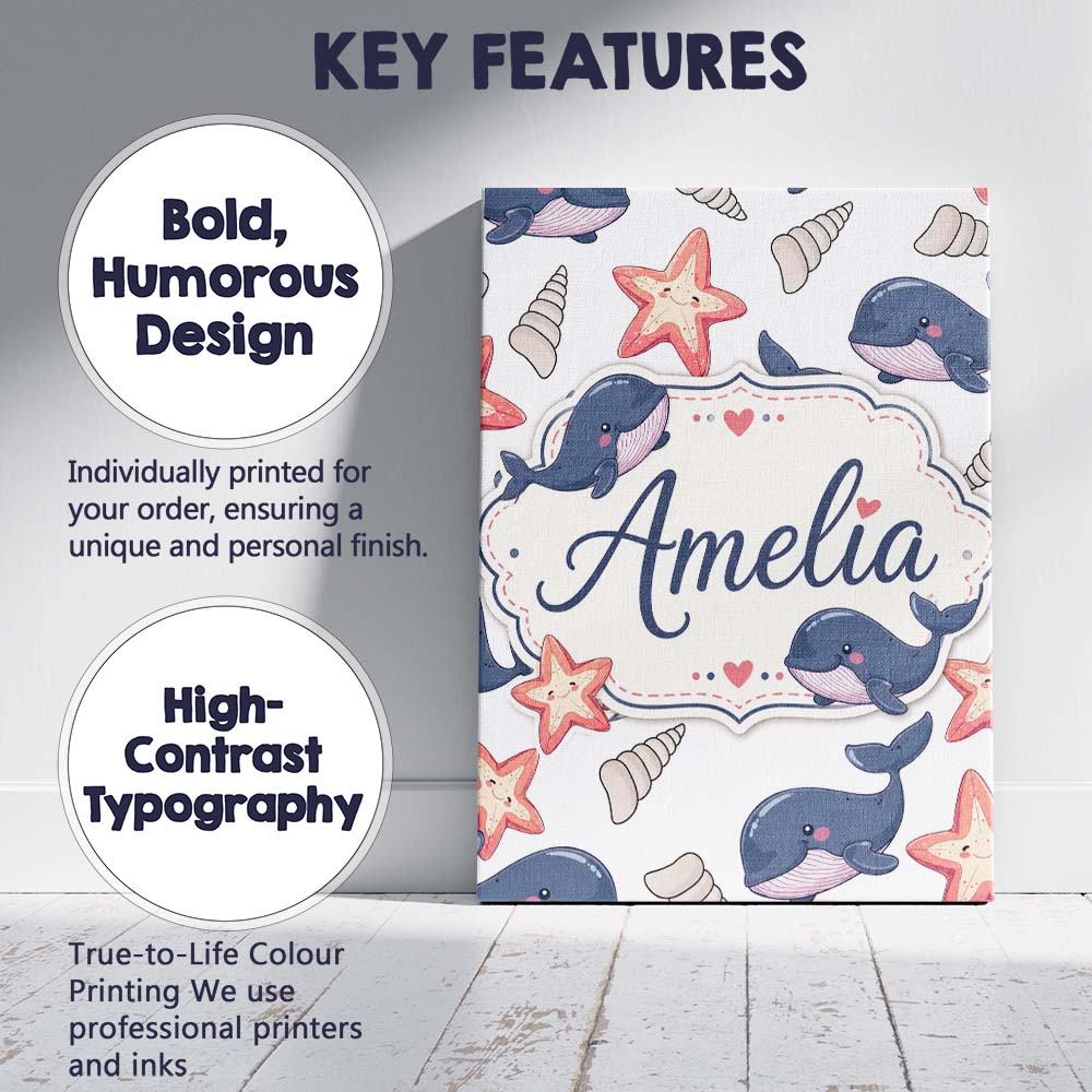 Personalised Name Cute Cartoon Whales Custom Modern Room Accent Creative Decorator Style Canvas Wall Art Print Decor Picture Ready to Hang