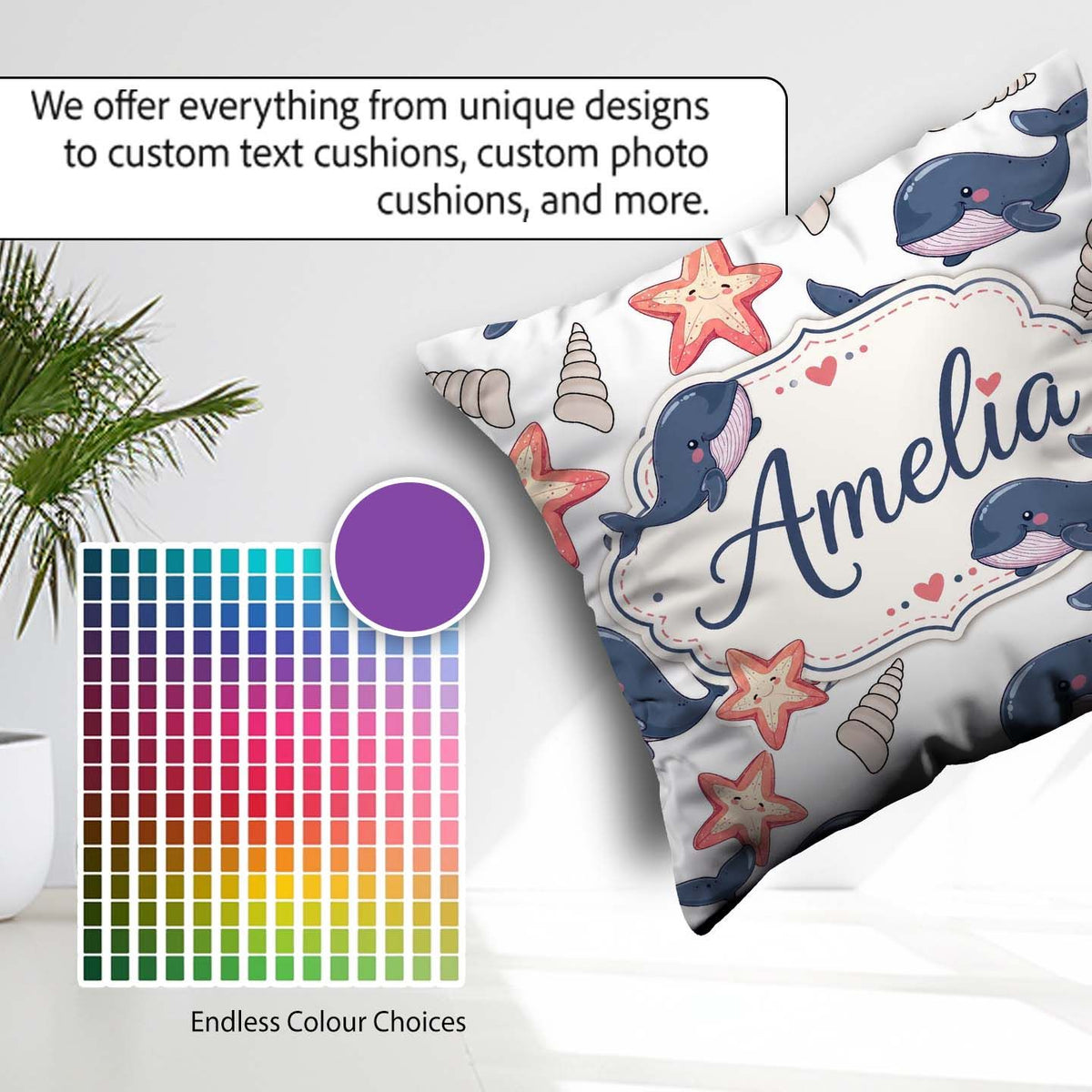 Custom Name Cute Cartoon Starfish and Seashells Seamless Pattern Square Filled Cushion Throw Pillow Sofa Bed Home Decor Zip Washable UK Made
