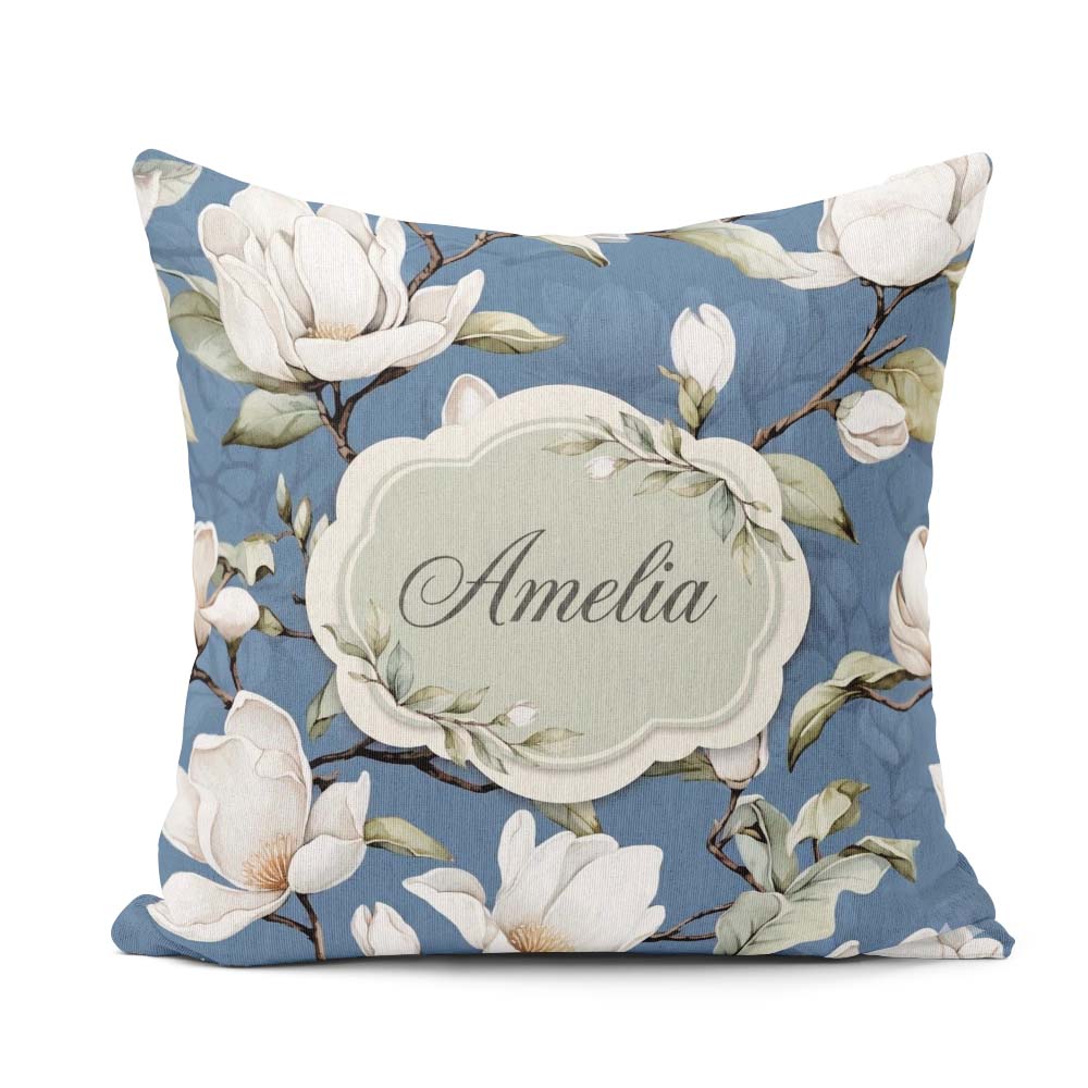 Custom Name Elegant Magnolia Flowers on Blue Background Seamless Square Filled Cushion Throw Pillow Sofa Bed Home Decor Zip Washable UK Made