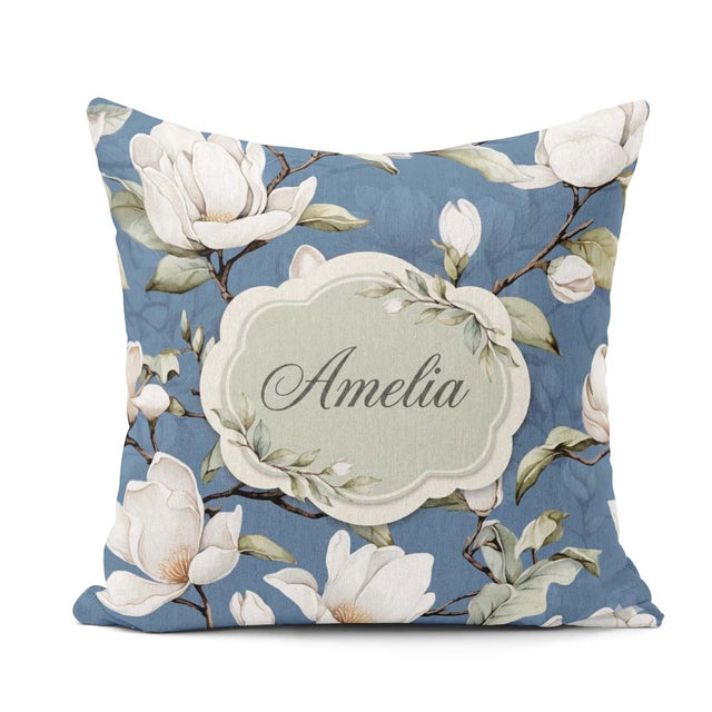 Custom Name Elegant Magnolia Flowers on Blue Background Seamless Square Filled Cushion Throw Pillow Sofa Bed Home Decor Zip Washable UK Made