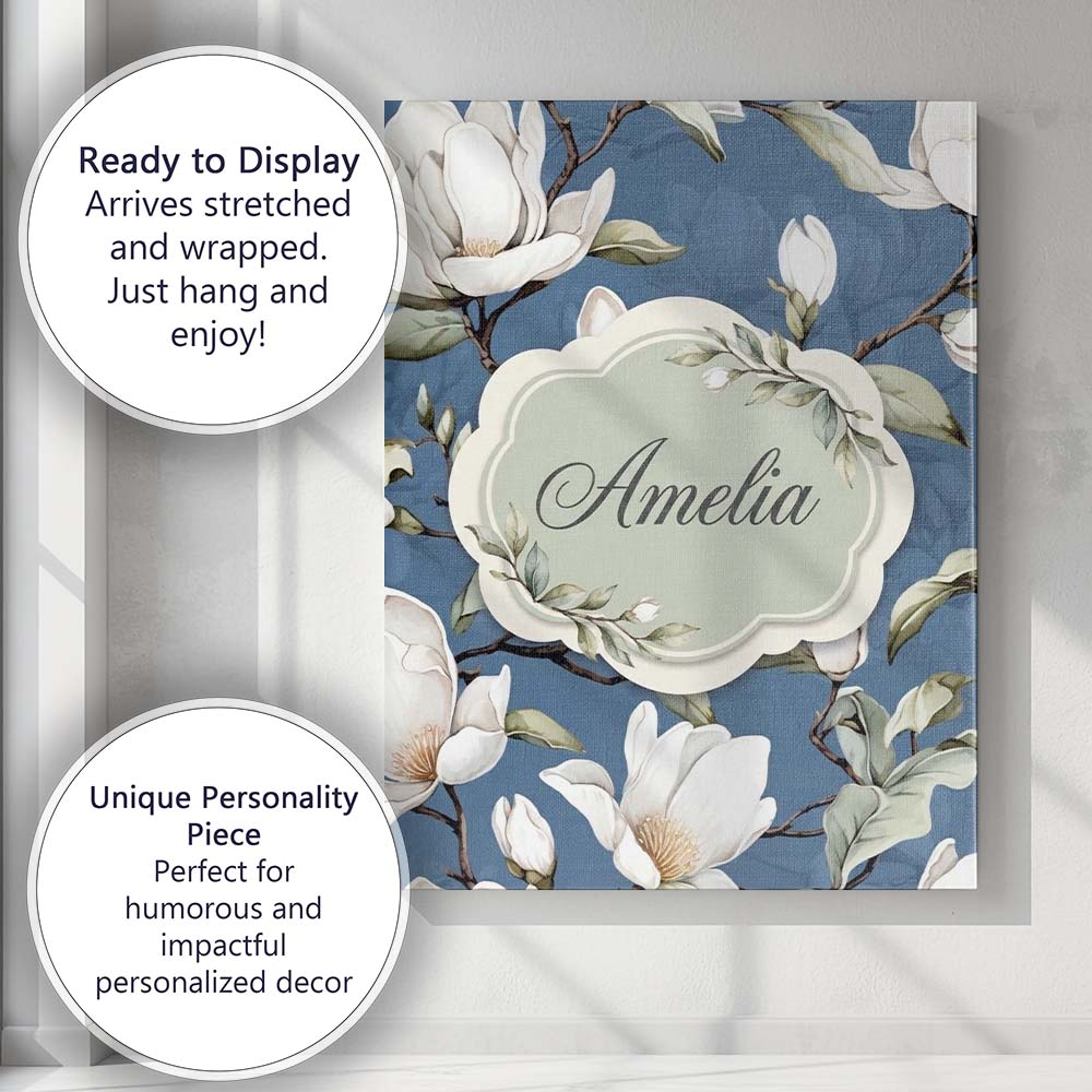 Personalised Name Elegant White Magnolia Custom  Interior Decorative Contemporary Canvas Wall Art Print Decor Picture Ready to Hang
