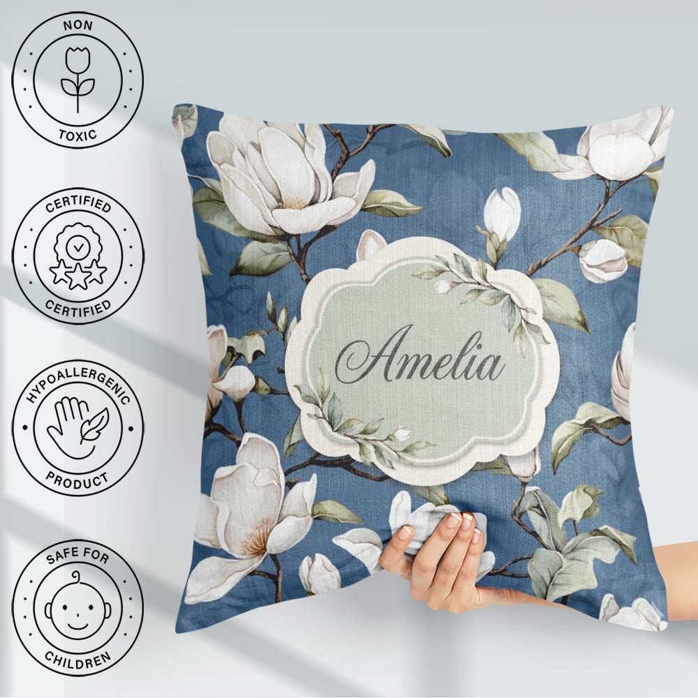 Custom Name Elegant Magnolia Flowers on Blue Background Seamless Square Filled Cushion Throw Pillow Sofa Bed Home Decor Zip Washable UK Made
