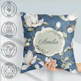 Custom Name Elegant Magnolia Flowers on Blue Background Seamless Square Filled Cushion Throw Pillow Sofa Bed Home Decor Zip Washable UK Made