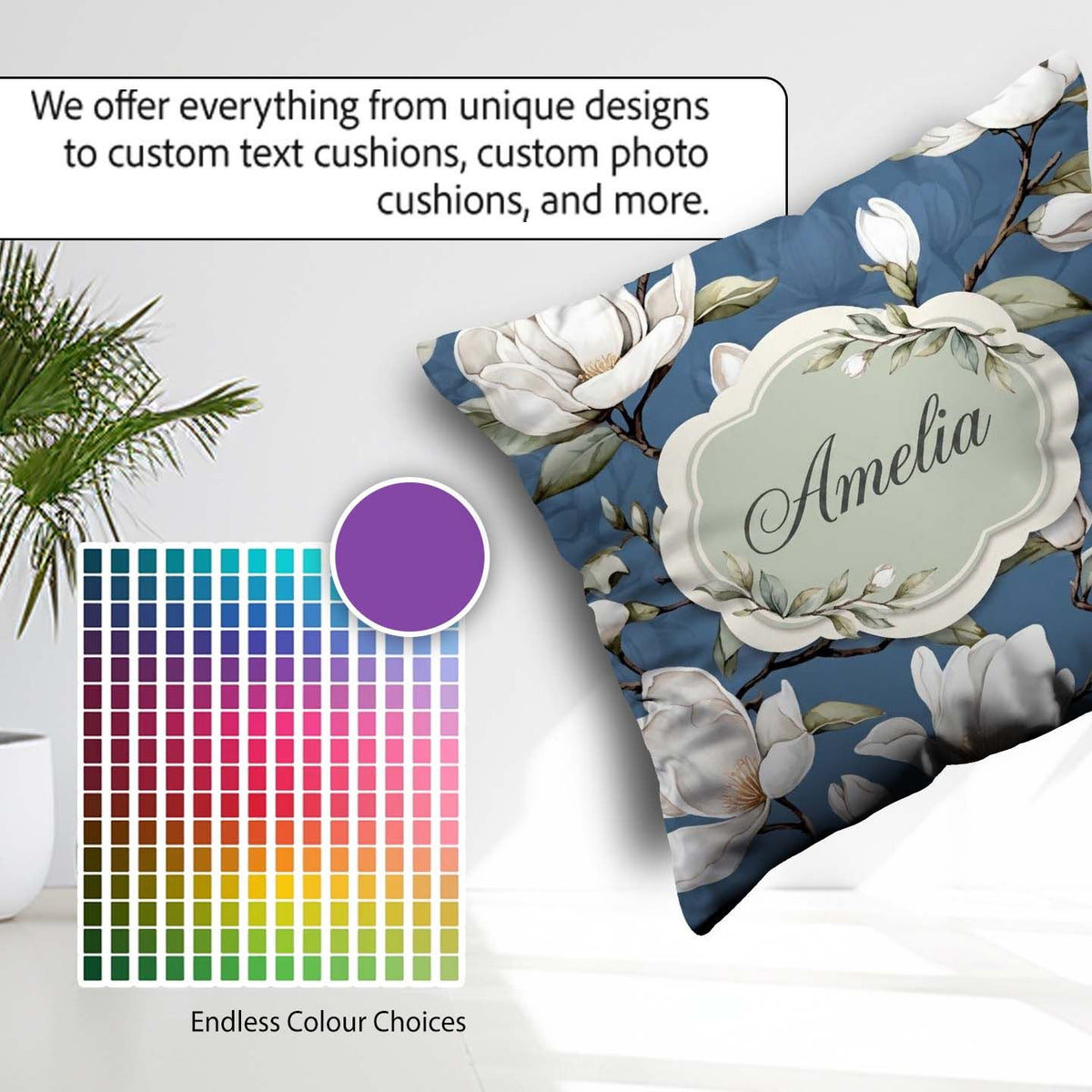 Custom Name Elegant Magnolia Flowers on Blue Background Seamless Square Filled Cushion Throw Pillow Sofa Bed Home Decor Zip Washable UK Made