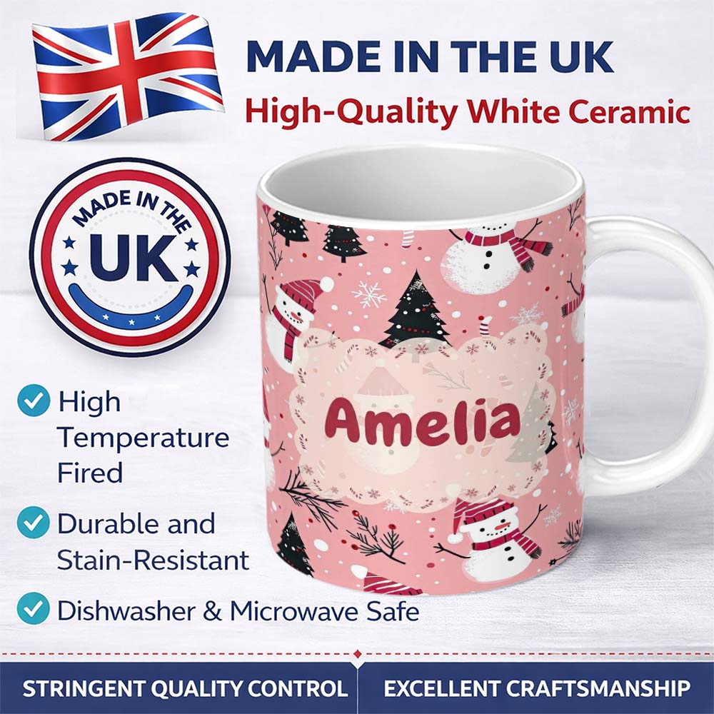 Personalized Custom Name Cute Snowman Candy Cane Tree Winter Seamless Pattern Lovely 11oz Ceramic Coffee Tea Mug White Large Handle