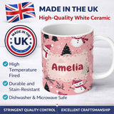 Personalized Custom Name Cute Snowman Candy Cane Tree Winter Seamless Pattern Lovely 11oz Ceramic Coffee Tea Mug White Large Handle